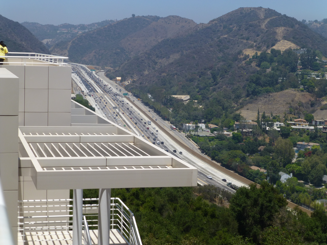 Getty Conservation Institute, as it follows along the river of cars on the 405 freeway.